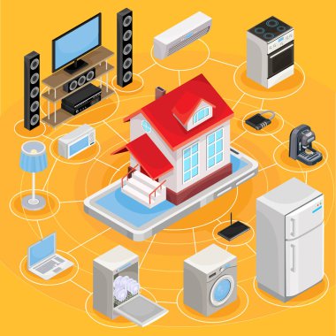 Vektör izometrik soyut illüstrasyon akıllı ev İnternet ev iş ekipmanları ile kontrol etmek,.