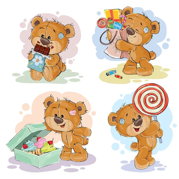 Ilustrações engraçadas com ursinho sobre o tema do amor por doces — Vetor de Stock