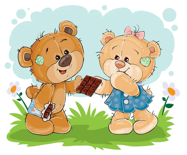 矢量有趣的玩具熊爱吃甜食对待女友巧克力 — 图库矢量图片