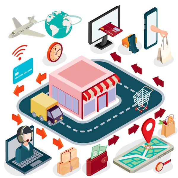 Διάνυσμα 3d ισομετρική εικονογράφηση έννοια του e-commerce, σε απευθείας σύνδεση κατάστημα. — Διανυσματικό Αρχείο