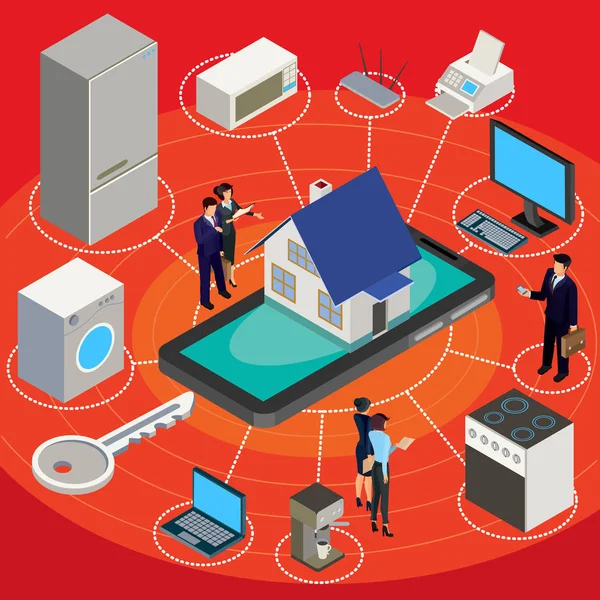 Ilustración abstracta isométrica vectorial hogar inteligente, control a través de Internet equipo de trabajo en casa . — Archivo Imágenes Vectoriales