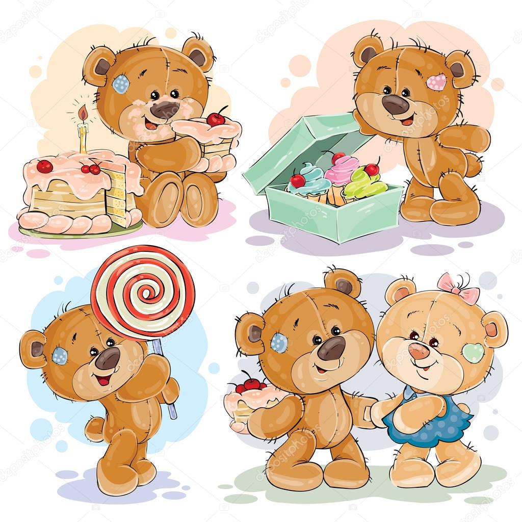 Funny illustrations with teddy bear on the theme of love for sweets