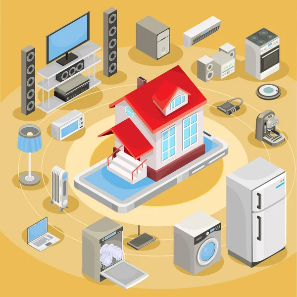 Ilustração abstrata isométrica vetorial casa inteligente, controlando através de equipamentos de trabalho doméstico na internet . —  Vetores de Stock