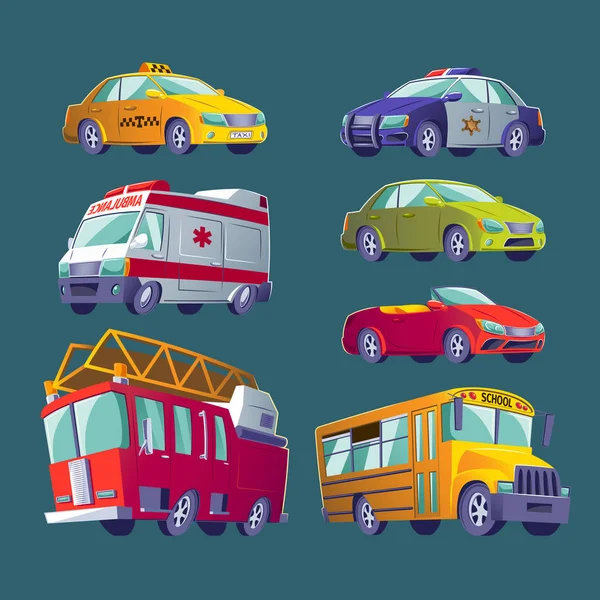 Cartoon set of isolated icons of urban transport. Fire truck, ambulance, police car, school bus, taxi, private cars. — Stock Vector