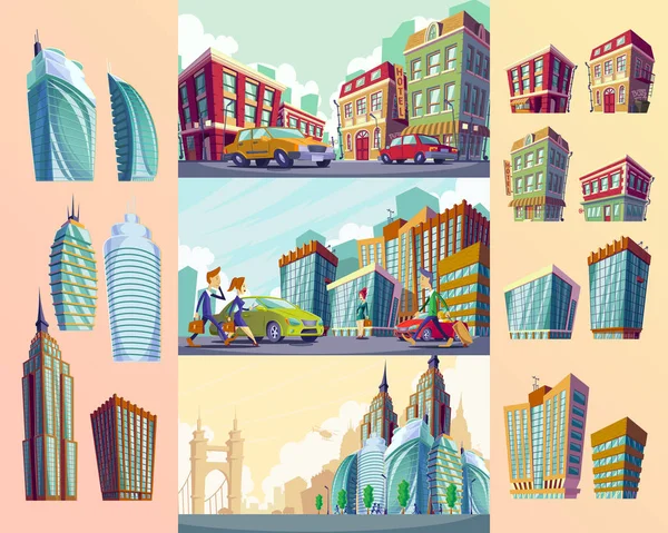 오래 된 건물, 도시의 큰 현대 건물, 자동차, 도시 거주자의 벡터 만화 그림 설정. — 스톡 벡터