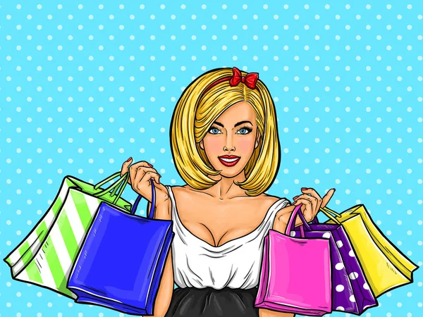 Vector pop arte ilustração de um jovem sexy feliz menina segurando sacos de compras . — Vetor de Stock