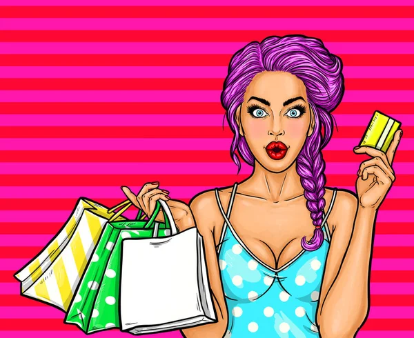 Vektor-Pop-Art-Illustration eines jungen sexy Mädchens mit Einkaufstaschen und Kreditkarte. — Stockvektor