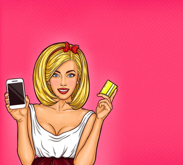 Ilustracja wektorowa sztuki pop młodej dziewczyny sexy, trzymając smartfon i karty kredytowej. — Wektor stockowy