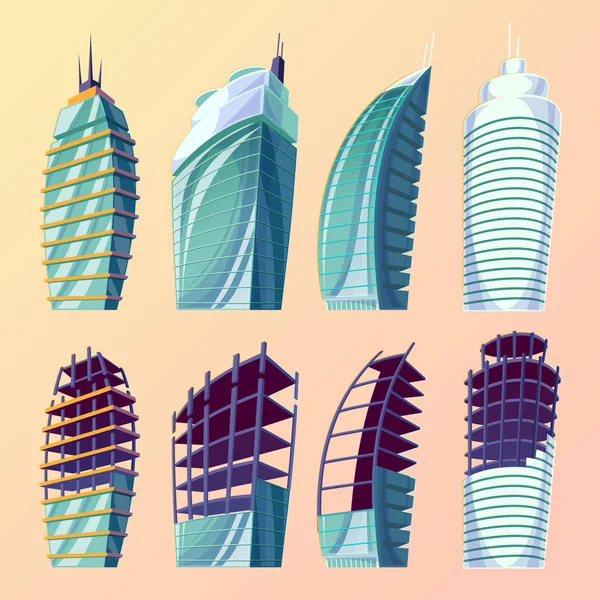 Nastavit kreslené vektorové ilustrace abstraktní městské velké moderní budovy, nedokončené stavby. — Stockový vektor