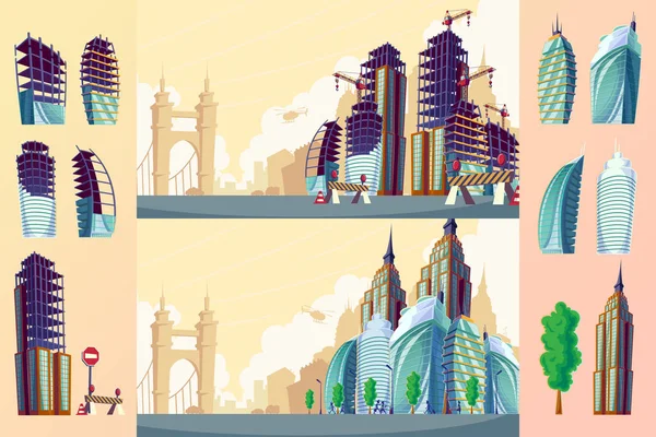 Dibujos animados vectoriales ilustración de un paisaje urbano con grandes edificios modernos . — Vector de stock