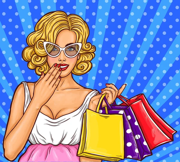 Vector pop arte ilustração de um jovem sexy feliz menina segurando sacos de compras . — Vetor de Stock