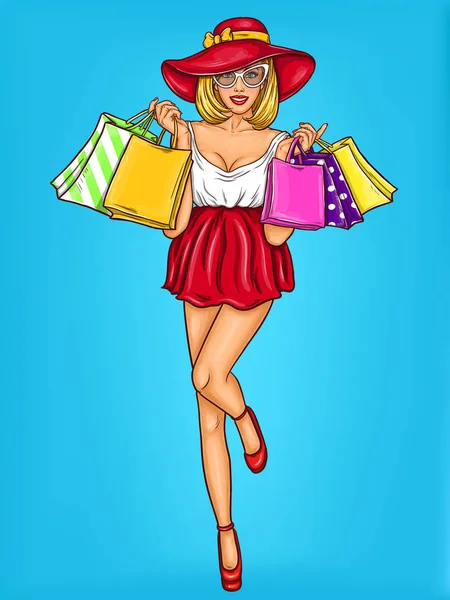 Векторный поп-арт иллюстрация молодой сексуальной счастливой девушки с сумками для покупок . — стоковый вектор