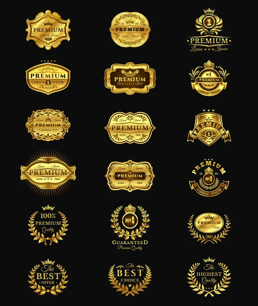 Golden Badges, stickers premium quality isolated on black — Stock Vector