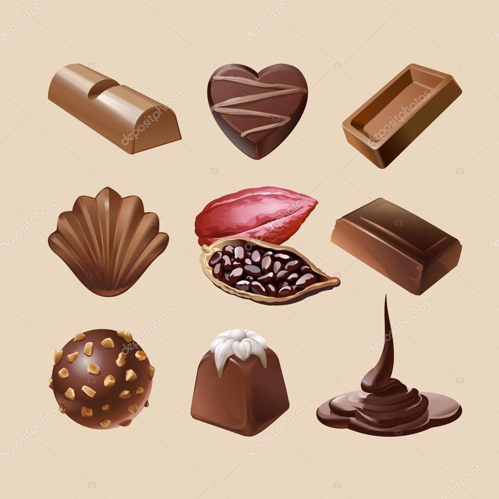 Set of icons of chocolate, liquid chocolate and cocoa beans