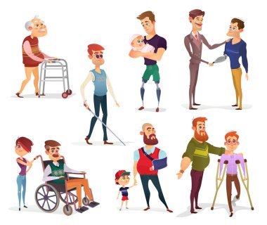 Set of vector cartoon illustrations of people with disabilities isolated on white.