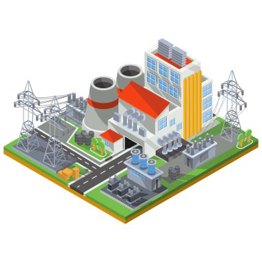 Termik santral elektrik enerjisi üretimi için vektör izometrik çizim