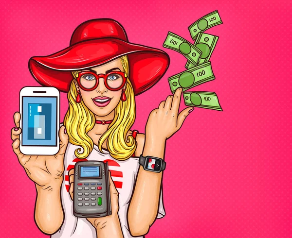 Vector Pop Art ilustração de uma jovem demonstra a possibilidade de compras on-line, pagamentos eletrônicos — Vetor de Stock