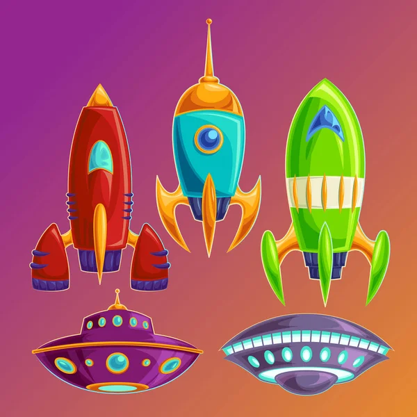 Soubor vektorové zábavné vesmírné lodě a UFO — Stockový vektor