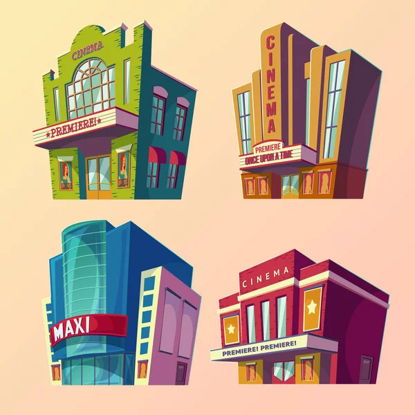 Conjunto de ilustração isométrica vetorial de edifícios de cinema em estilo cartoon —  Vetores de Stock