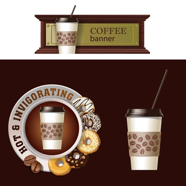 Set de banner vectorial, insignia, pegatina con granos de café icono y platillo con rosquillas — Archivo Imágenes Vectoriales