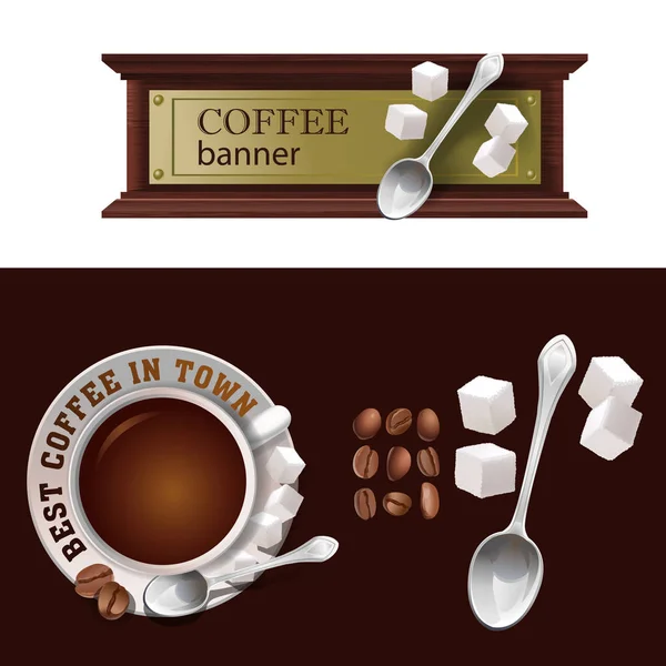 Ensemble de bannière vectorielle, badge, autocollant avec tasse de café icône et scoop — Image vectorielle