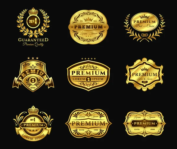 Insignias de oro, pegatinas de primera calidad aisladas en negro — Vector de stock