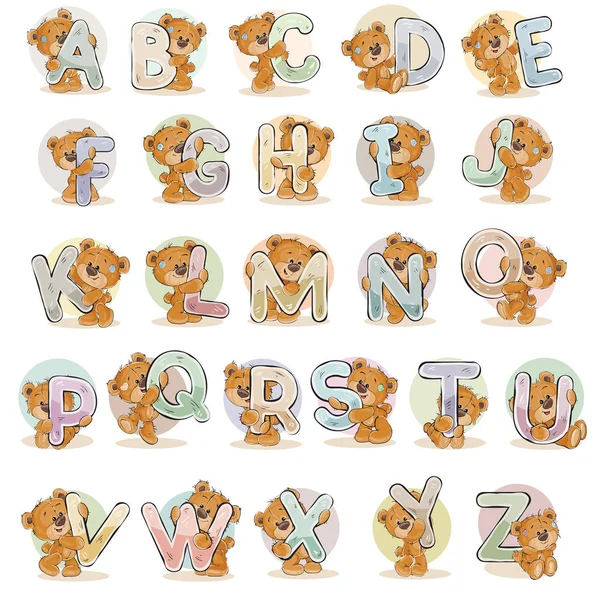 Set vector letters of the English alphabet with funny teddy bear — Stock Vector