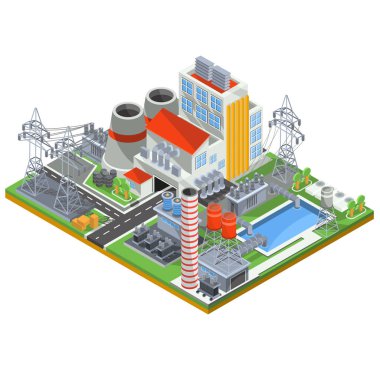 Bir nükleer santral elektrik enerjisi üretimi için vektör izometrik çizim