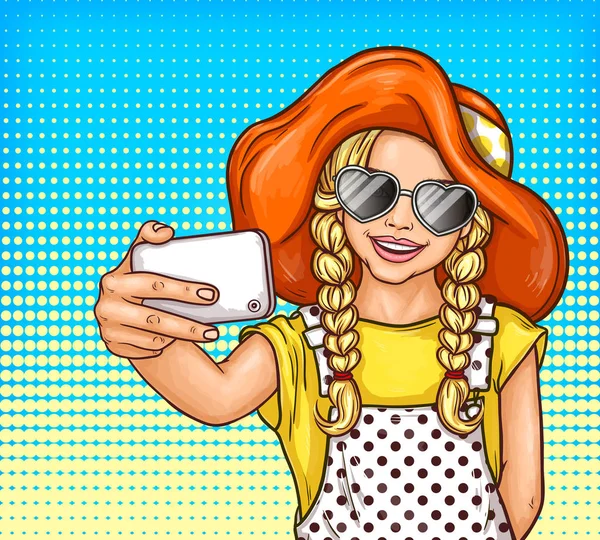 Vecteur pop art petite fille en lunettes de soleil et chapeau vintage fait selfie — Image vectorielle
