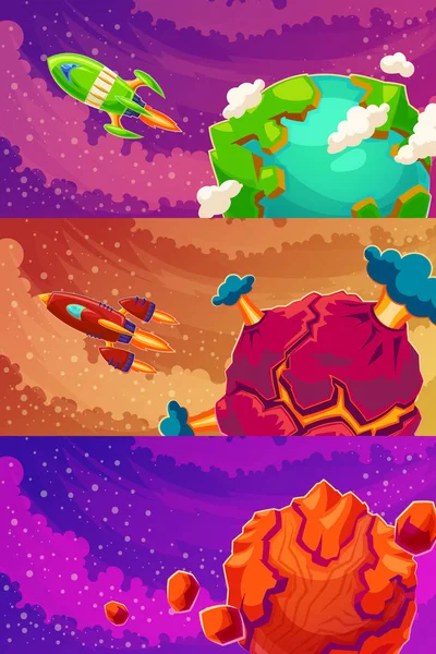 Set van vector horizontale banners met cartoon fantasie van buitenaardse planeten — Stockvector