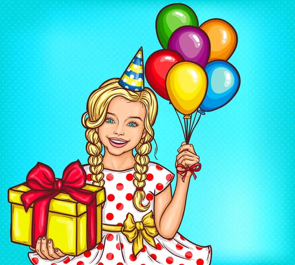 Vector pop arte sorridente menina segurando um presente e balões de hélio — Vetor de Stock