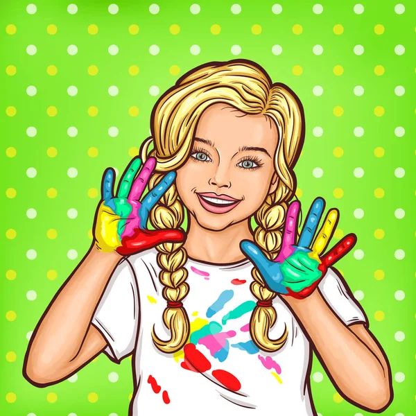 Vector pop art smiling little girl showing palms smeared with paint — Stock Vector