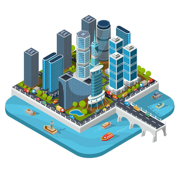 Векторные изометрические 3D иллюстрации современного городского квартала с небоскребами, офисами, жилыми зданиями, транспортом
