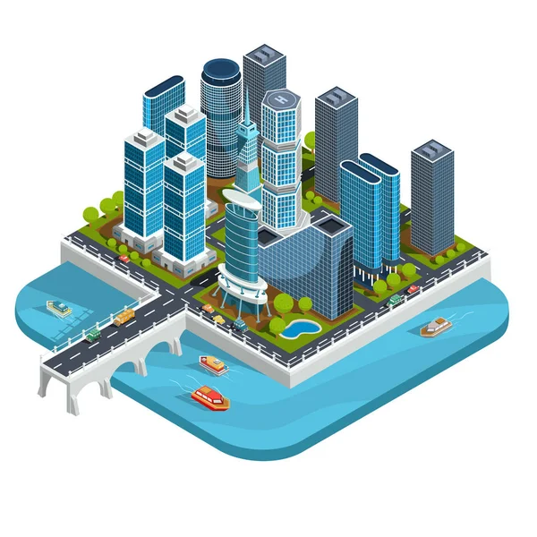 Ilustraciones vectoriales isométricas 3D del barrio urbano moderno con rascacielos, oficinas, edificios residenciales, transporte — Vector de stock