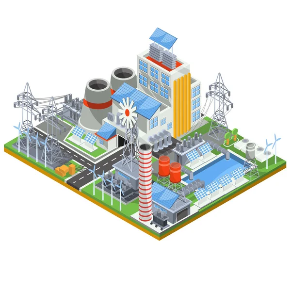 Isometrische Vektordarstellung eines thermischen Kraftwerks, das mit alternativen Energiequellen betrieben wird. — Stockvektor