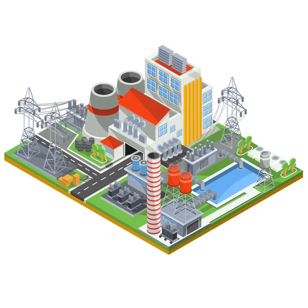 Ilustración isométrica vectorial de una central nuclear para la producción de energía eléctrica — Vector de stock