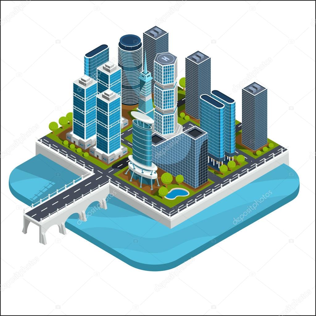 Vector isometric 3D illustrations of modern urban quarter with skyscrapers, offices, residential buildings