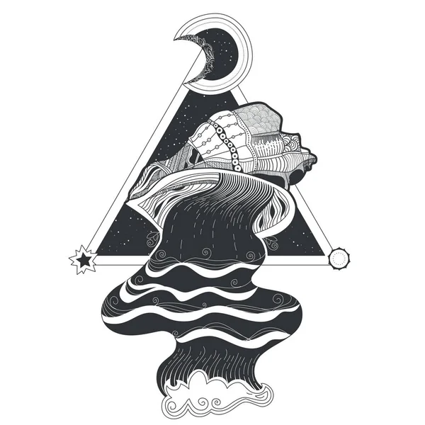 Tatuaje de patrón tribal vectorial con flujo de agua que fluye de conchas marinas y de geometría sagrada . — Vector de stock