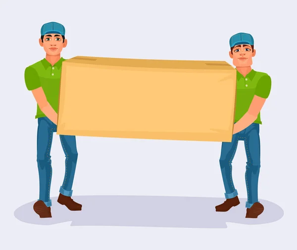 Двое мужчин несут картонную коробку — стоковое фото