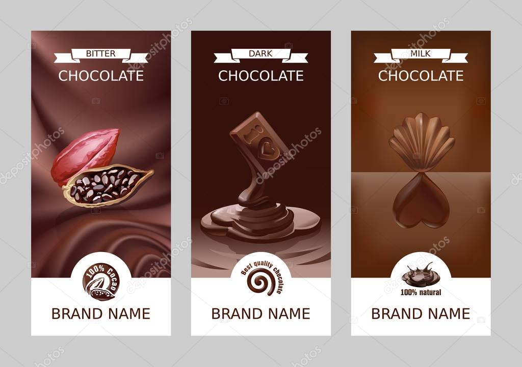 Set realistic vertical banners with milk, dark and bitter chocolate