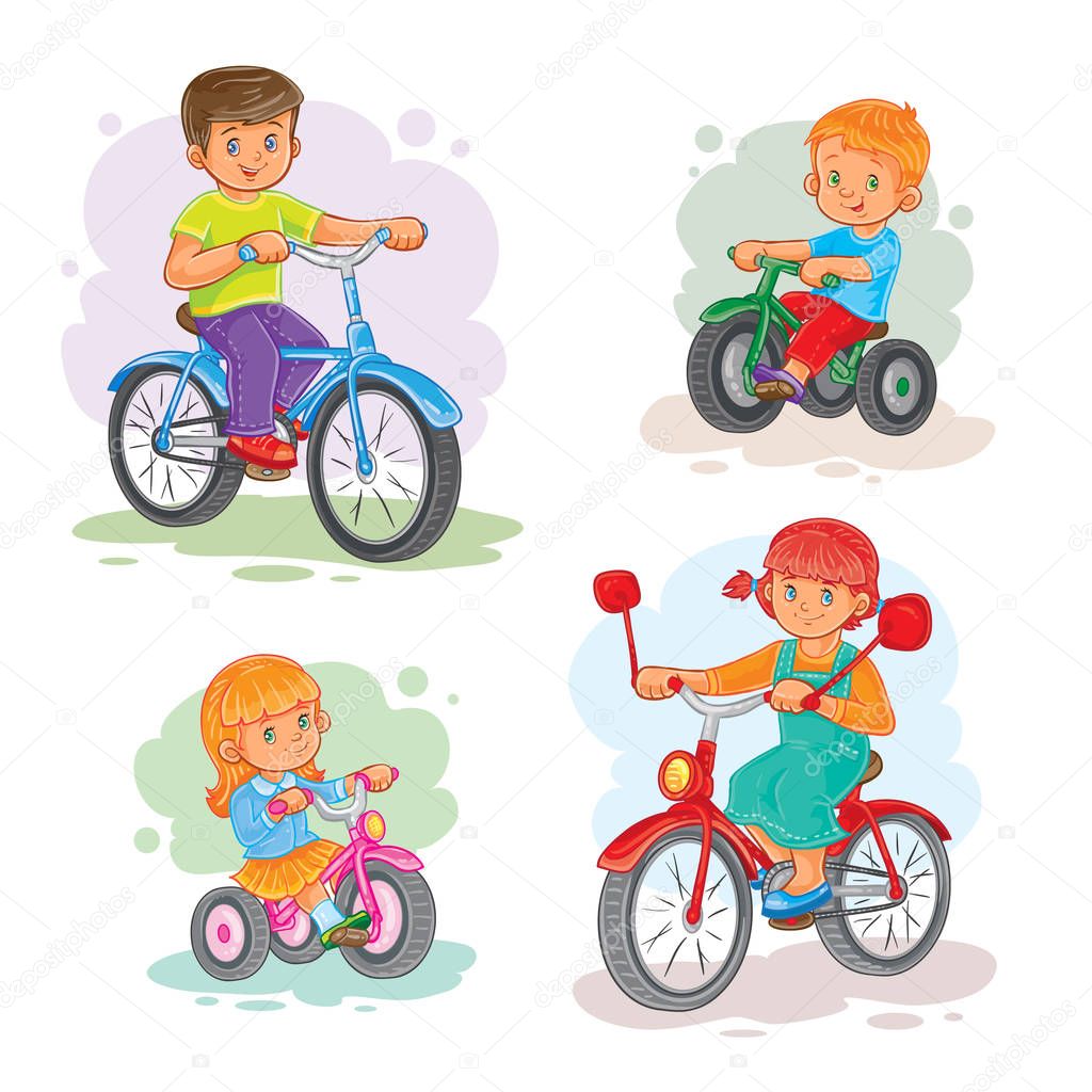 Set of icons small children on bicycles