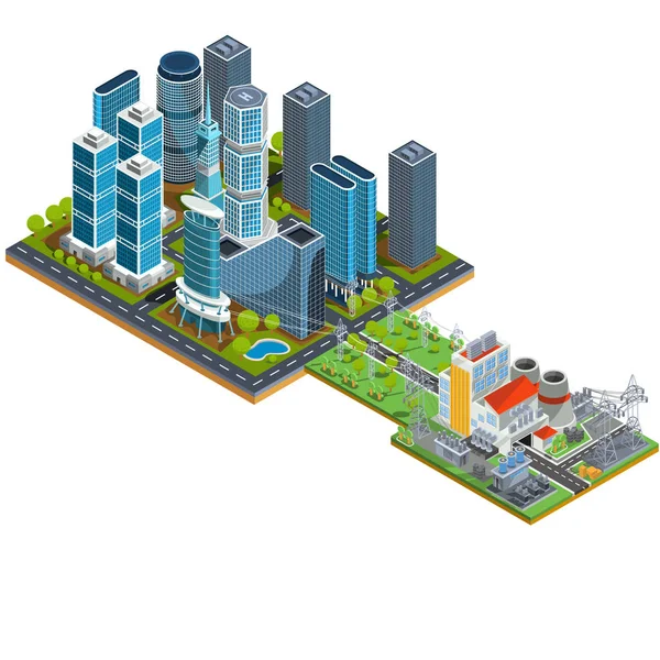 Vector isometric 3D illustrations of modern urban quarter with skyscrapers and a nearby power station — Stock Vector