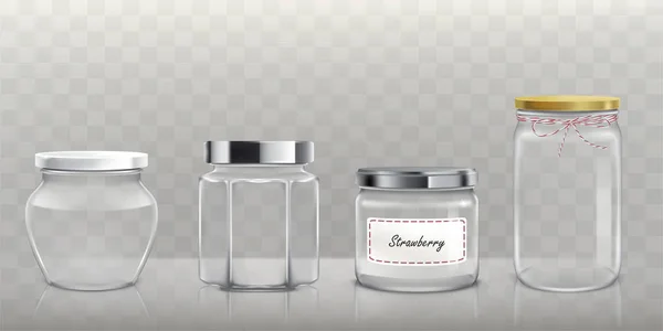 Conjunto de frascos de vidro vazios vetoriais com tampas em estilo realista —  Vetores de Stock