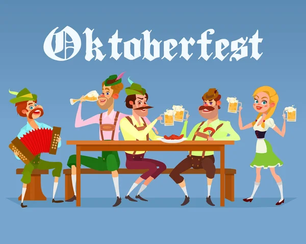 Vektorové ilustrace kreslené vtipné muže pít pivo během pivního festivalu Oktoberfest — Stockový vektor