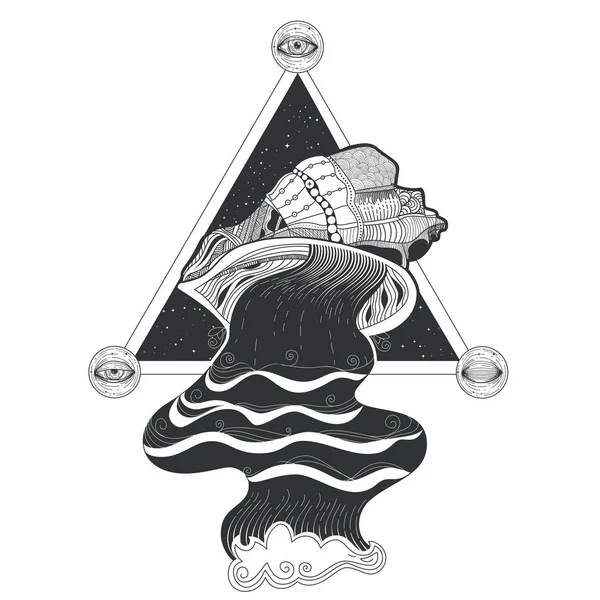 Tatuaje de patrón tribal vectorial con flujo de agua que fluye de conchas marinas y de geometría sagrada . — Vector de stock