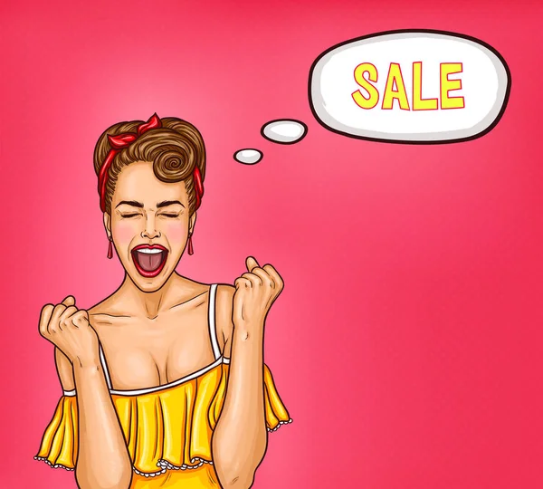 Vector pop art illustration of an enthusiastic sexy woman thinking about a sale. — Stock Vector