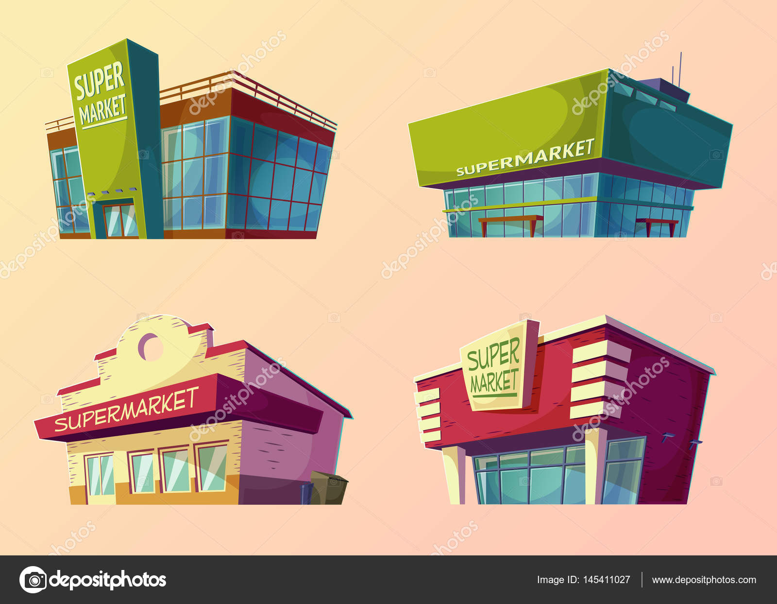 Set Of Vector Cartoon Buildings Of Modern Supermarkets And Old Shops Stock Vector Image By C Vectorpocket 145411027