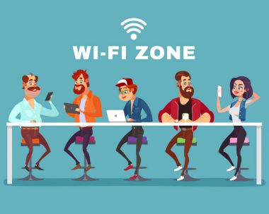 Bir erkek ve bir kadın wi-fi bölgedeki vektör karikatür çizim