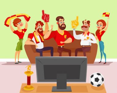 Bir grup arkadaşıyla birlikte bir futbol maçı televizyonda izlerken vektör karikatür çizim