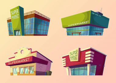 Set of vector cartoon buildings of modern supermarkets and old shops clipart